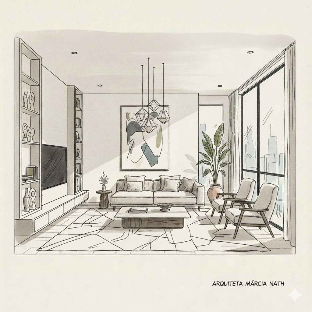 Sketch de arquitetura de interiores por Márcia Nath